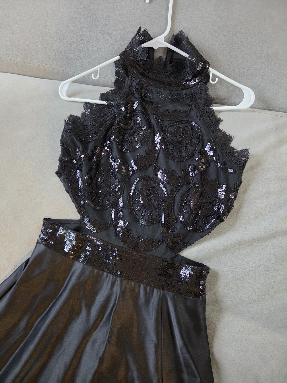 Fashion Nova Black Sequin Lace Halter Prom Dress